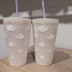 Two White Rainbow Starbucks Cups